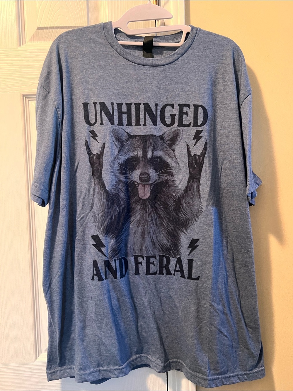 Gildan Blue Graphic Tee with Raccoon 'Unhinged and Feral' Print